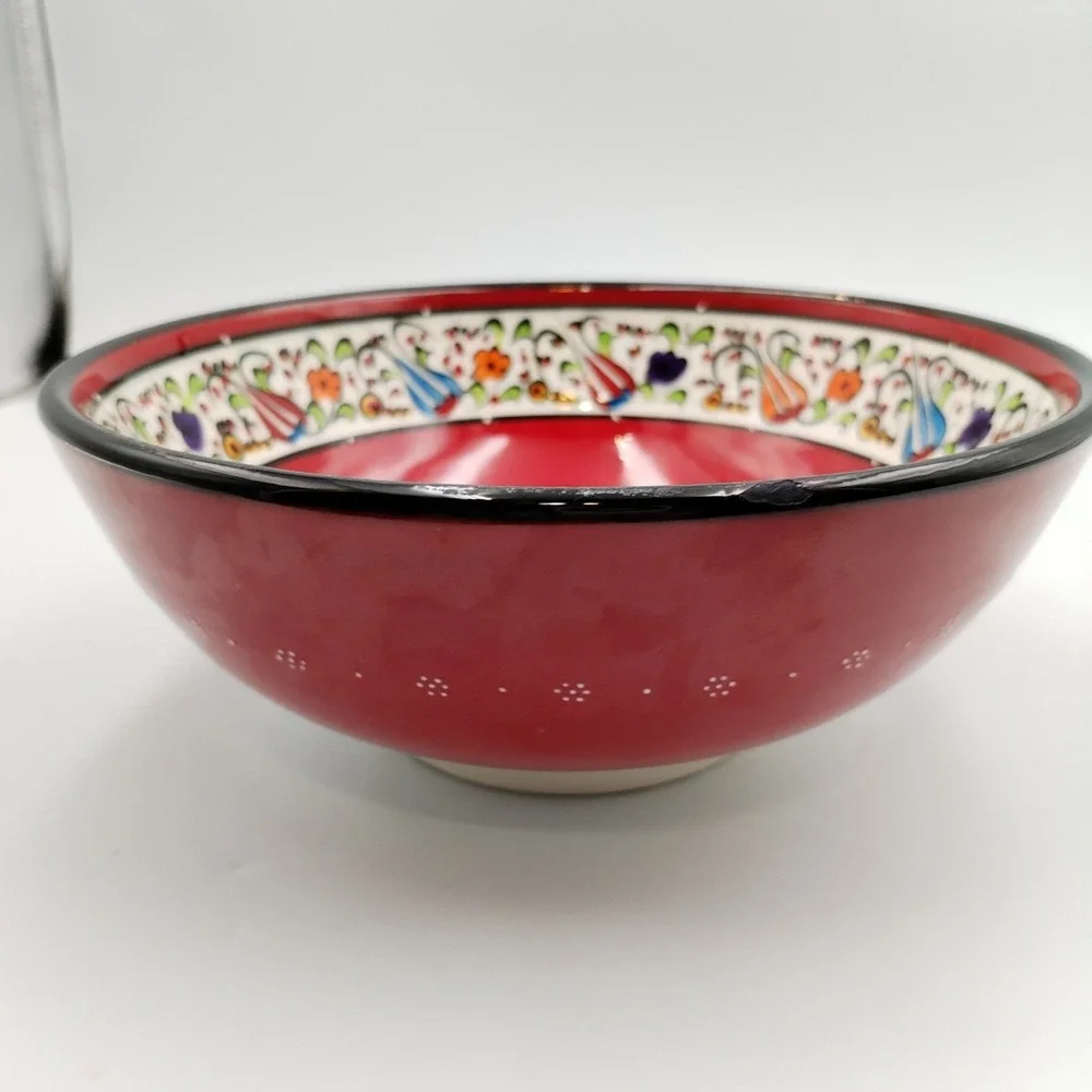 Turkish Ceramic Bowl Hand Painted Hand Made Red Floral Tulip Ottoman Iznik Style